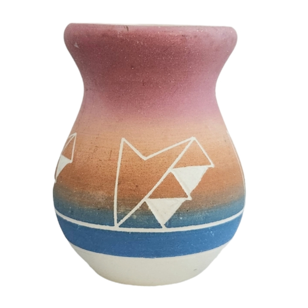 Native American Sioux Etched Vase Southwest Pottery Artist Signed Brave Hawk 5"